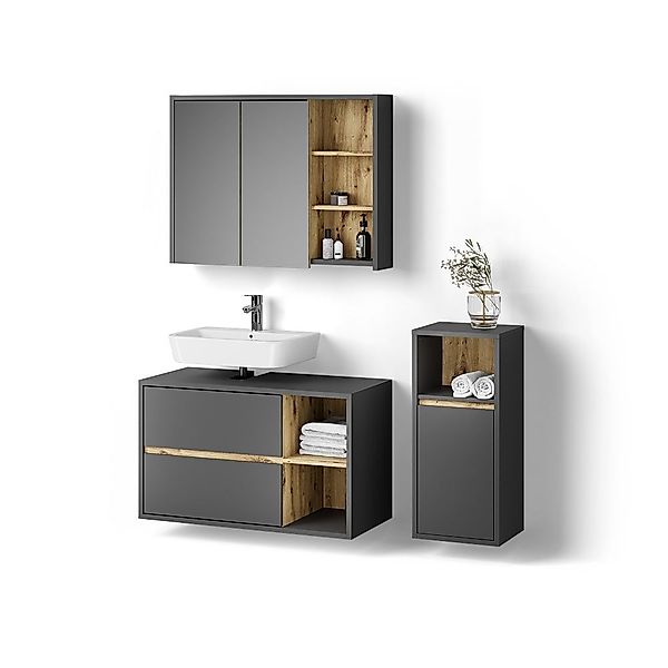Livinity® Badmöbel-Set Vomano, Anthrazit/Eiche, 3 Teile, günstig online kaufen
