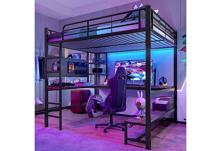 Flieks Hochbett Metallbett 140x200cm mit LED-Leiste, USB-Laden und Schreibt günstig online kaufen