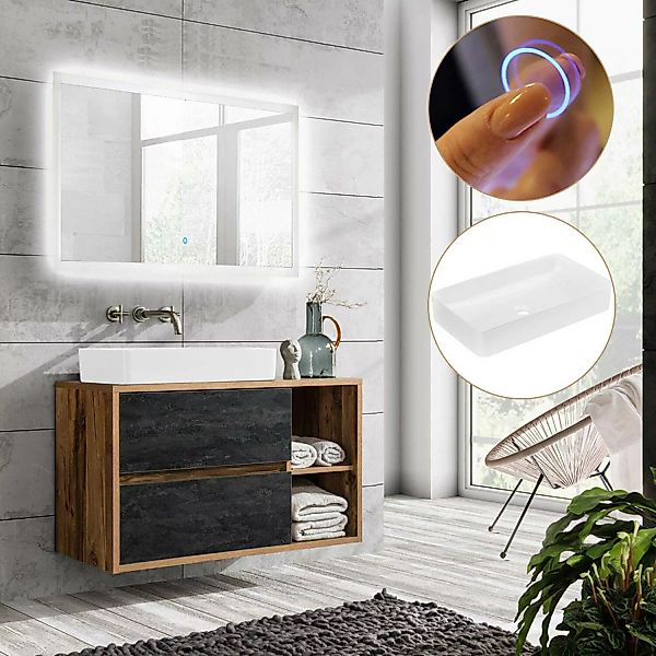 Badmöbel Waschtisch Set mit Keramik-Waschbecken HARLOW-56 Eiche mit Beton-D günstig online kaufen