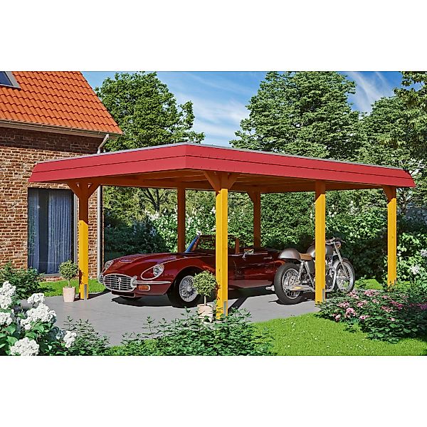 Skan Holz Carport Wendland Eiche hell 409 x 628 cm EPDM-Dach Blende Rot günstig online kaufen