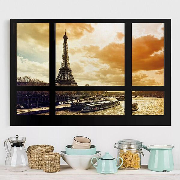 Leinwandbild Paris - Querformat Fensterblick - Paris Eiffelturm Sonnenunter günstig online kaufen