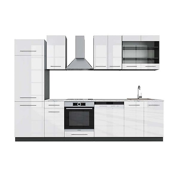 Vicco Fame-Line Küchenzeile Weiß Hochglanz/Anthrazit 300 cm AP Marmor günstig online kaufen