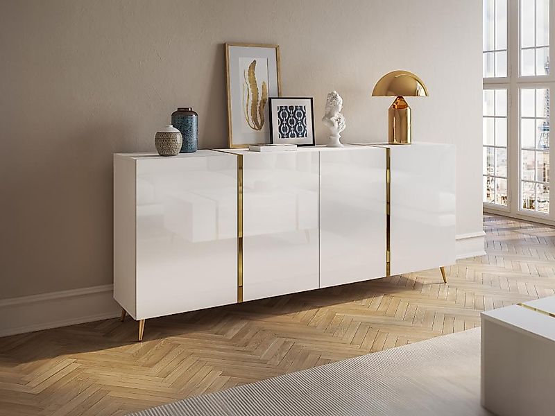 Sideboard mit 4 Türen - 200 cm - Hochglanz Weiß & Gold - MARZIALO günstig online kaufen