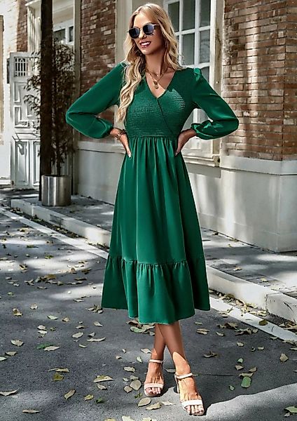 DEBAIJIA Dirndl Langärmeliges Kleid Damen V-Ausschnitt Einfarbig Elegant Fr günstig online kaufen