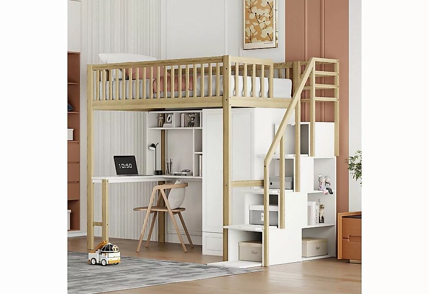 REDOM Kinderbett mit großem Kleiderschrank Regal und Tisch (Stauraum Treppe günstig online kaufen