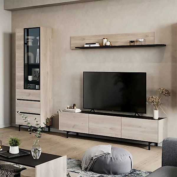 Wohnzimmerwand Modern in Eiche hell und Schwarz 206 cm hoch (dreiteilig) günstig online kaufen