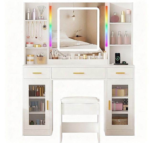 BEWISHOME Schminktisch mit Spiegel und Hocker, 3 Schubladen, 2 Türen, 110 x günstig online kaufen