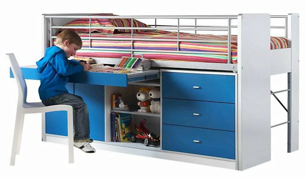 Kindermöbel 24 Hochbett Jax weiß - blau inkl. Schreibtisch günstig online kaufen