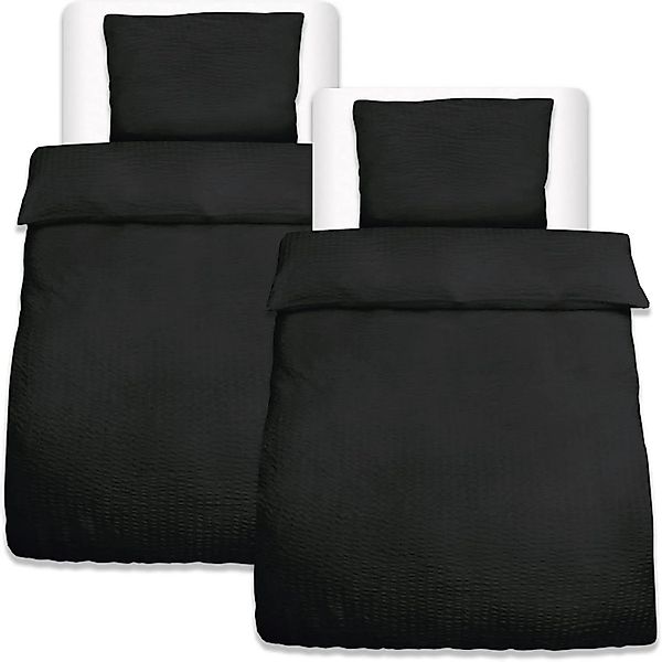 Beautissu Meline Bettbezug 155x220cm + Kissenbezug 80x80cm Schwarz Seersuck günstig online kaufen