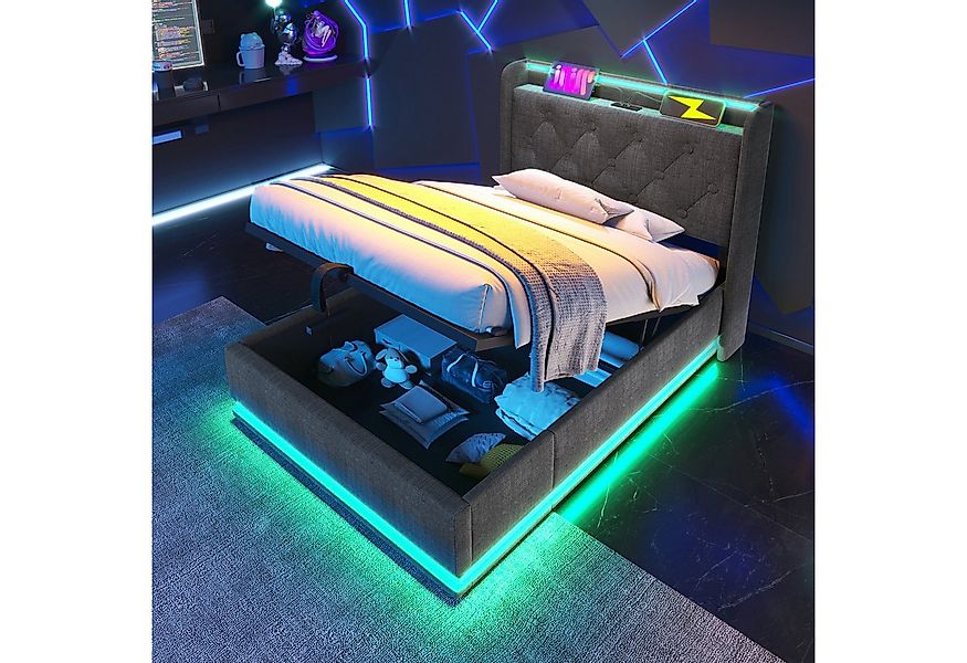 HAUSS SPOLE Polsterbett 90x200cm mit LED-Beleuchtung, Ladefunktion Grau Lei günstig online kaufen