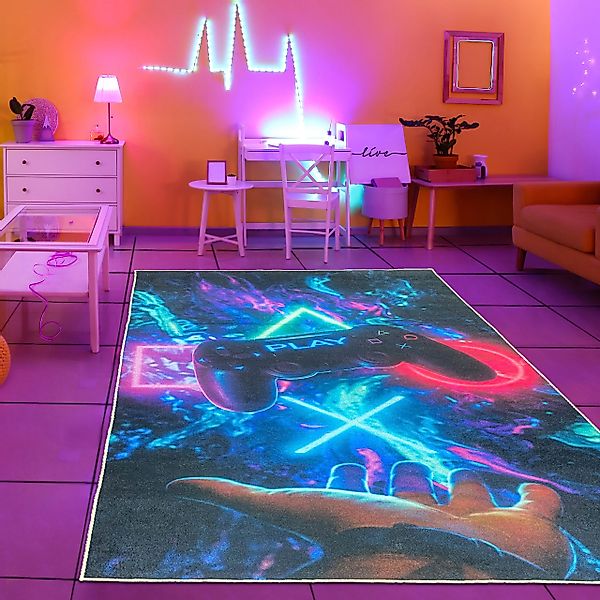 TeppichHome24 Kinderteppich Gaming Teppich mit neonfarbigen günstig online kaufen