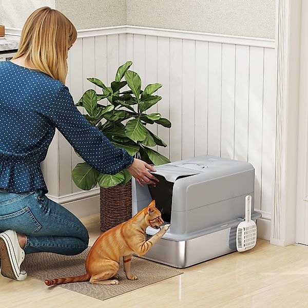 PawHut Katzenklo, Katzentoilette mit Deckel, Wanne aus Edelstahl, eingebaut günstig online kaufen