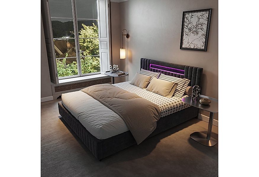 PXloue Polsterbett Stauraumbett Doppelbett 160x200 cm, LED-Beleuchtung, Hyd günstig online kaufen