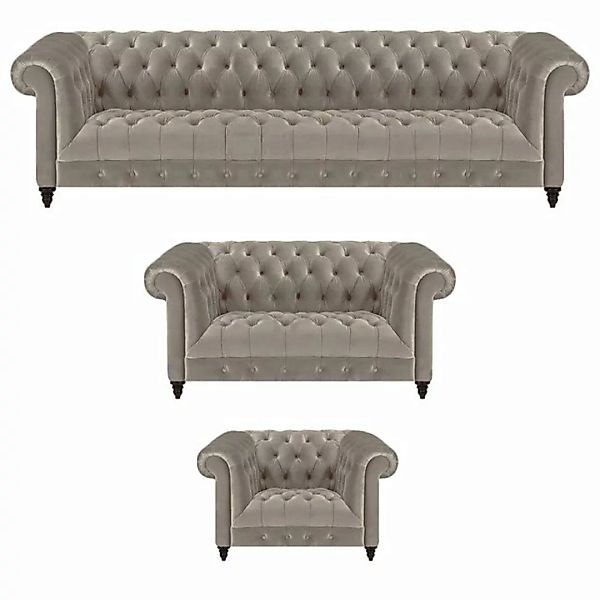 JVmoebel Chesterfield-Sofa Komplett Einrichtung Grau 3tlg Polstermöbel Sofa günstig online kaufen