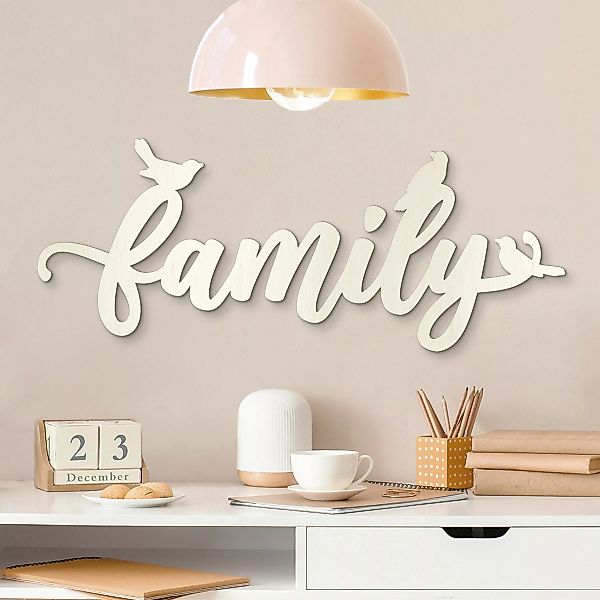 Wanddeko Holz 3D-Schriftzug Family mit Spatzen günstig online kaufen
