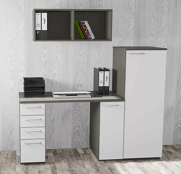 Büromöbel MANKAWORK 2.5B Perlweiß-Quarzgrau Schreibtisch+Schrank 185 cm Hom günstig online kaufen