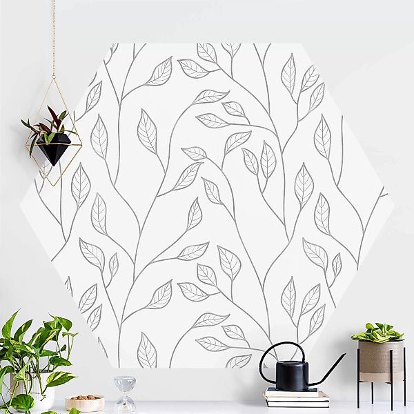 Hexagon Mustertapete selbstklebend Natürliches Muster Zweige mit Blättern i günstig online kaufen