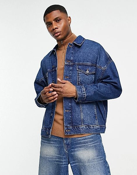 ASOS DESIGN – Oversize-Jeansjacke in dunkler Vintage-Waschung-Blau günstig online kaufen