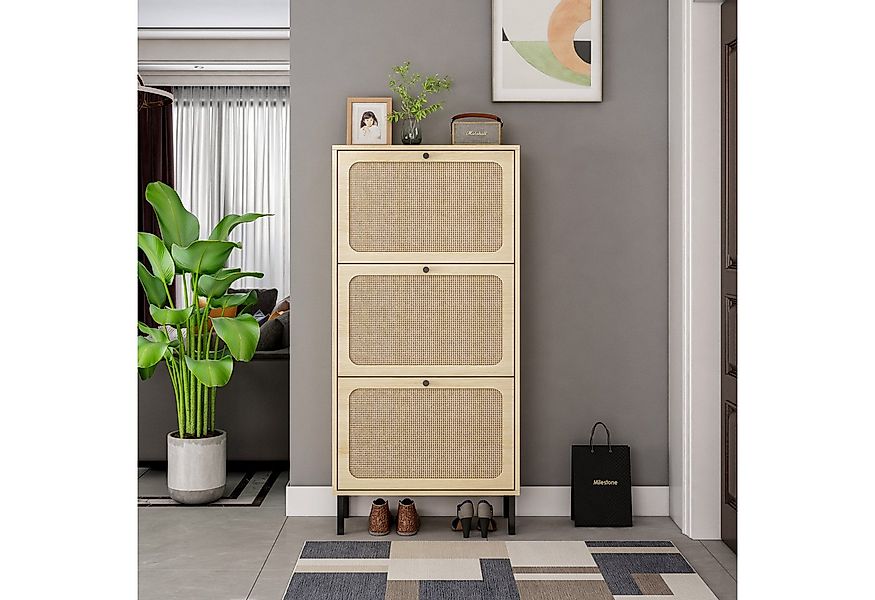 Yorbay Schuhschrank Rattan Design, Hoch Schrank mit 3 Türen, mit unabhängig günstig online kaufen