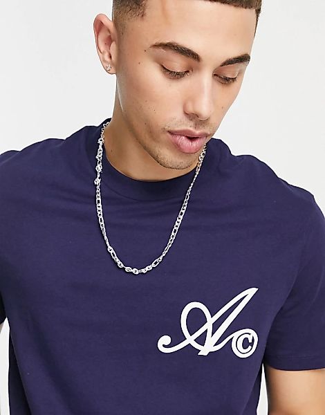 ASOS Actual – T-Shirt in Marineblau mit Schriftzug auf der Brust günstig online kaufen