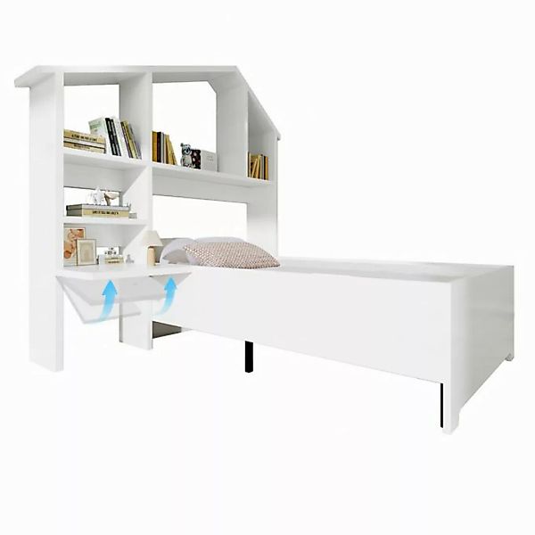 Flieks Kinderbett, Einzelbett Holzbett 90x200cm mit Bücherregale, faltbarem günstig online kaufen