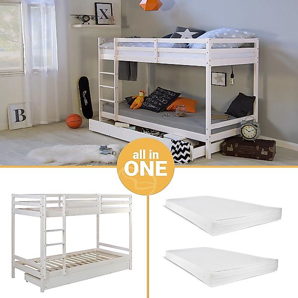 Homestyle4u Etagenbett in Weiß mit Matratze und Bettkasten 90x200 cm 2502 günstig online kaufen
