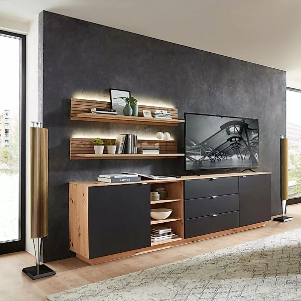 TV Sideboard Set mit Wandregalen Fernsehschrank Eiche mit schwarz, Breite 2 günstig online kaufen