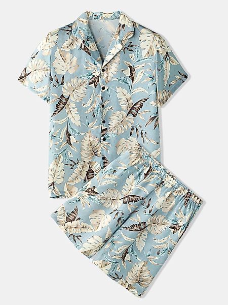 Männer Tropical Leaves Print Loungewear Zweiteilige Pyjamas aus Kunstseide günstig online kaufen