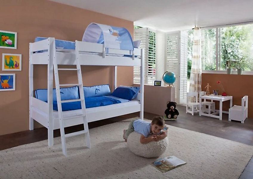 Natur24 Kinderbett Etagenbett Steffan Buche massiv Weiß lackiert Bett mit T günstig online kaufen