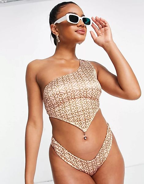 ASOS DESIGN – V-förmiger Bikini-Hüftslip mit schönem Kachelmuster-Mehrfarbi günstig online kaufen