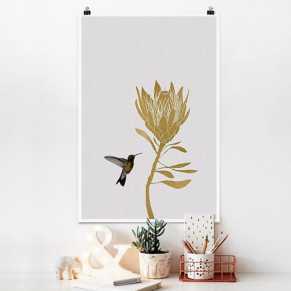 Poster Kolibri und tropische goldene Blüte günstig online kaufen