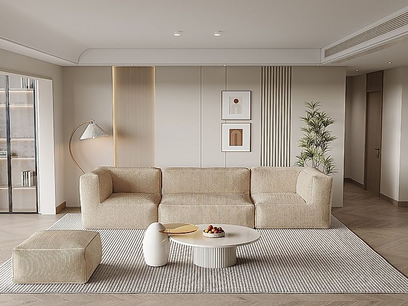 Sofa mit Hocker - beliebig kombinierbar - Cord - Beige - NOUMARA günstig online kaufen