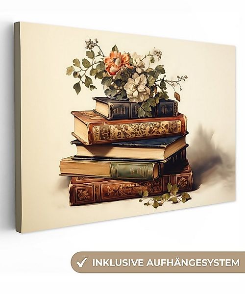 OneMillionCanvasses® Leinwandbild Vintage - Bücher - Blumen - Weiß, Fotodru günstig online kaufen