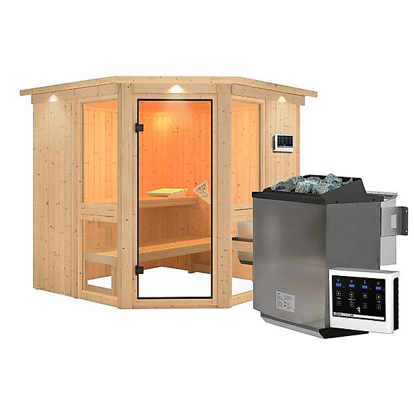Karibu Sauna Anina 2 Zoll mit Kranz und Ofen 9 kW Extern Naturbelassen günstig online kaufen