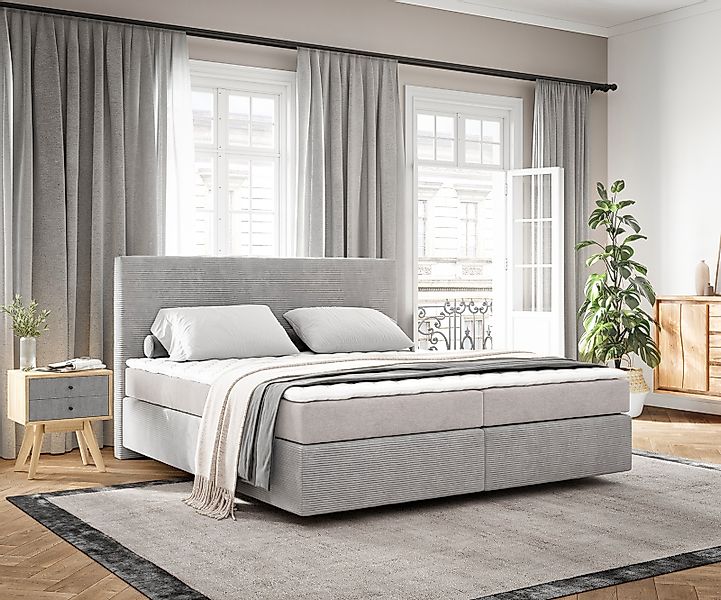 Boxspringbett Dream-Well 180x200 cm Cord Silbergrau mit Matratze und Topper günstig online kaufen