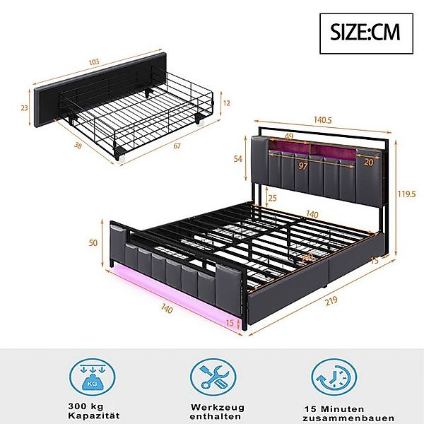 STILVORA Polsterbett 140×200 Bettgestell mit Steckdose & LED-Licht,Jugendbe günstig online kaufen