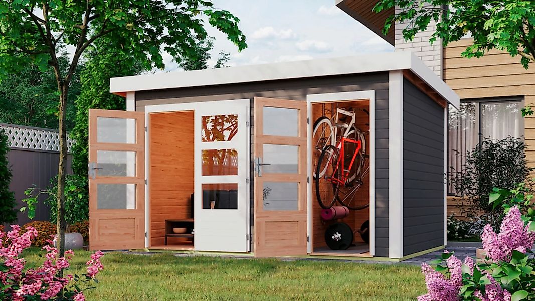 Karibu Gartenhaus "Schlönsee 1", terragrau, 38 mm Wandstärke günstig online kaufen