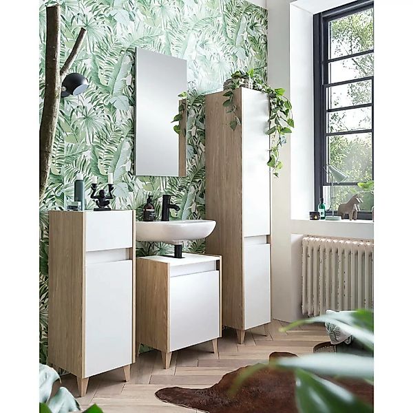 Badezimmer Set mit Spiegel, 4-teilig, weiß mit Eiche hell ESPOO-80 günstig online kaufen