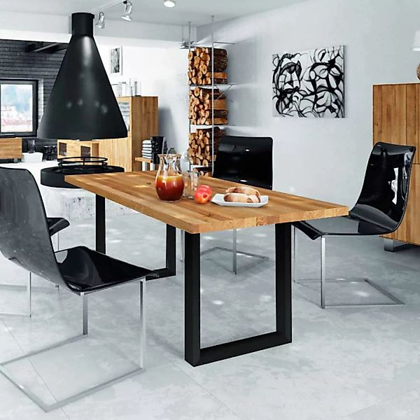 Massiv Esszimmertisch aus Wildeiche geölt Stahl günstig online kaufen