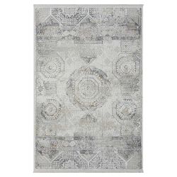 Kurzflor Teppich Vintage Look mit Ornament Muster Hellgrau und Creme günstig online kaufen