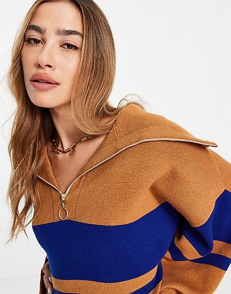 Mango – Pullover in Braun mit farblich abgesetzten Streifen in Blau und hal günstig online kaufen