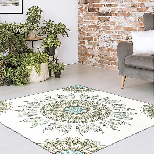 Teppich Mandala Aquarell Federn Muster blau grün günstig online kaufen