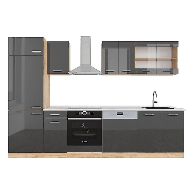 Vicco R-Line Küchenzeile Anthrazit Hochglanz/Goldkraft Eiche 300 cm AP Marm günstig online kaufen