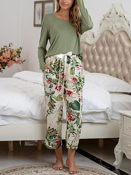 Plus Größe Damen Rundhals-Pflanze bedruckt Bowknot Modal Cosy Pyjama Sets günstig online kaufen