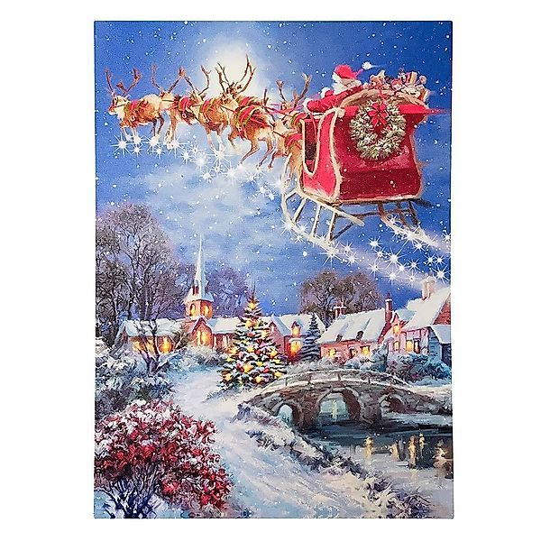 LED Bild Winterlandschaft Weihnachtsmann Rentier Schlitten Leinwand Wandbil günstig online kaufen