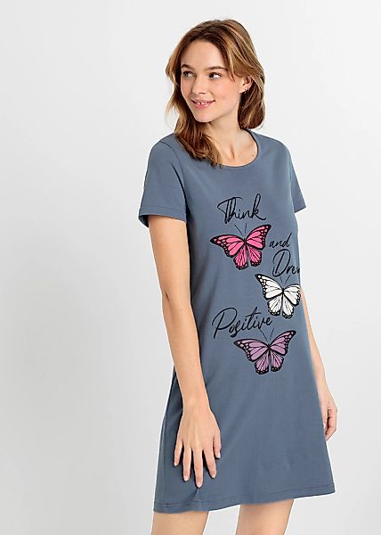 bonprix Nachthemd aus reiner Baumwolle, mit kurzem Arm, rauchblaues Design günstig online kaufen