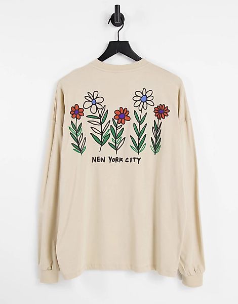 ASOS DESIGN – Langärmliges Oversize-Shirt aus Bio-Baumwolle in Beige mit Bl günstig online kaufen