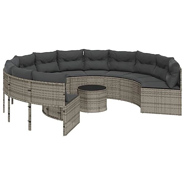 vidaXL Gartensofa mit Tisch und Kissen Rund Grau Poly Rattan 3318545 günstig online kaufen
