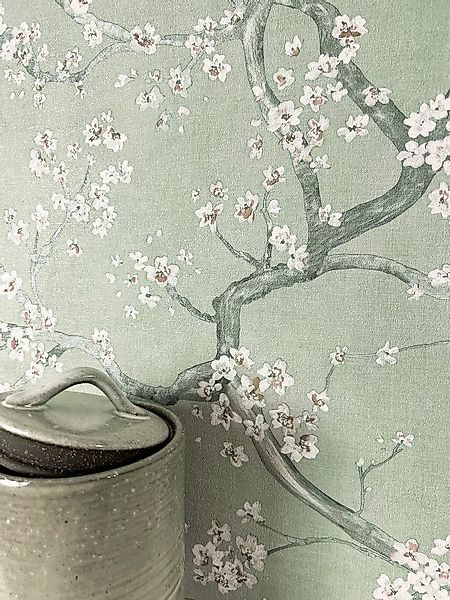 Newroom Vliestapete, Grün Tapete Floral Kirschblüten - Mustertapete Blument günstig online kaufen