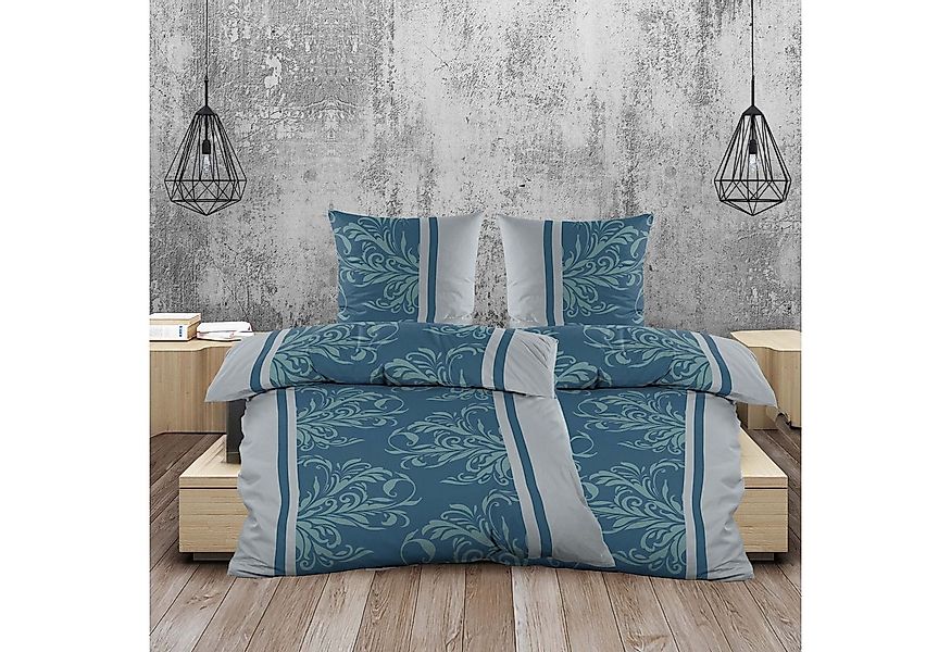 Casa Colori Bettwäsche Biber 135x200cm Petrol Silber gestreift Schnörkelmus günstig online kaufen